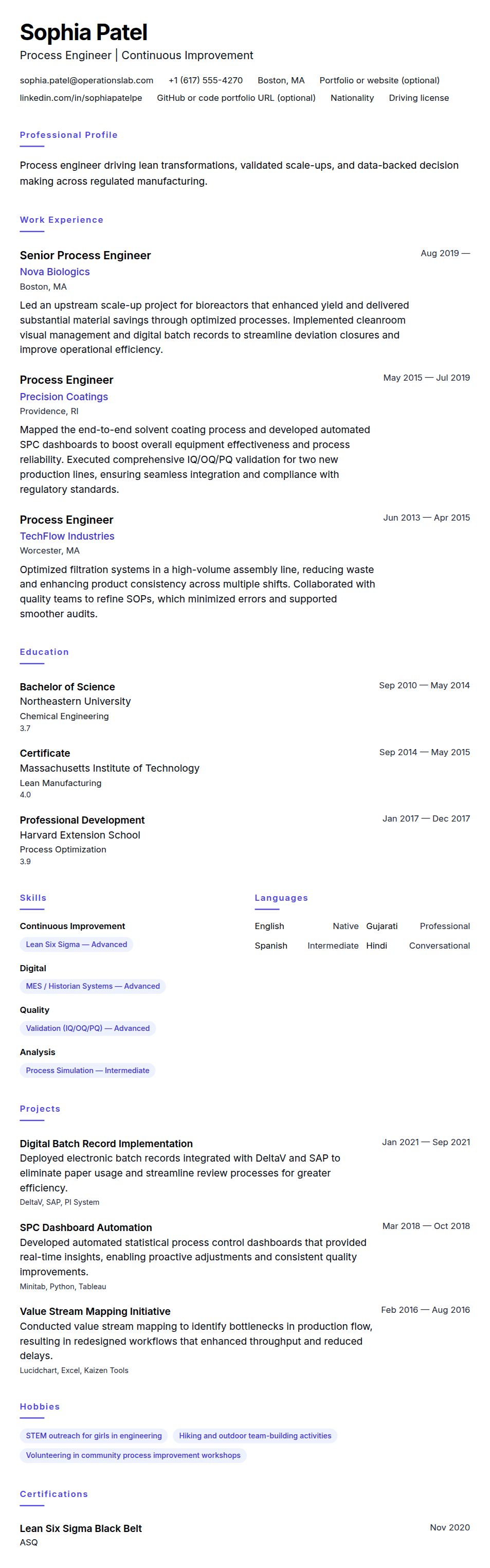 Resume preview for Process Engineer Resume Example