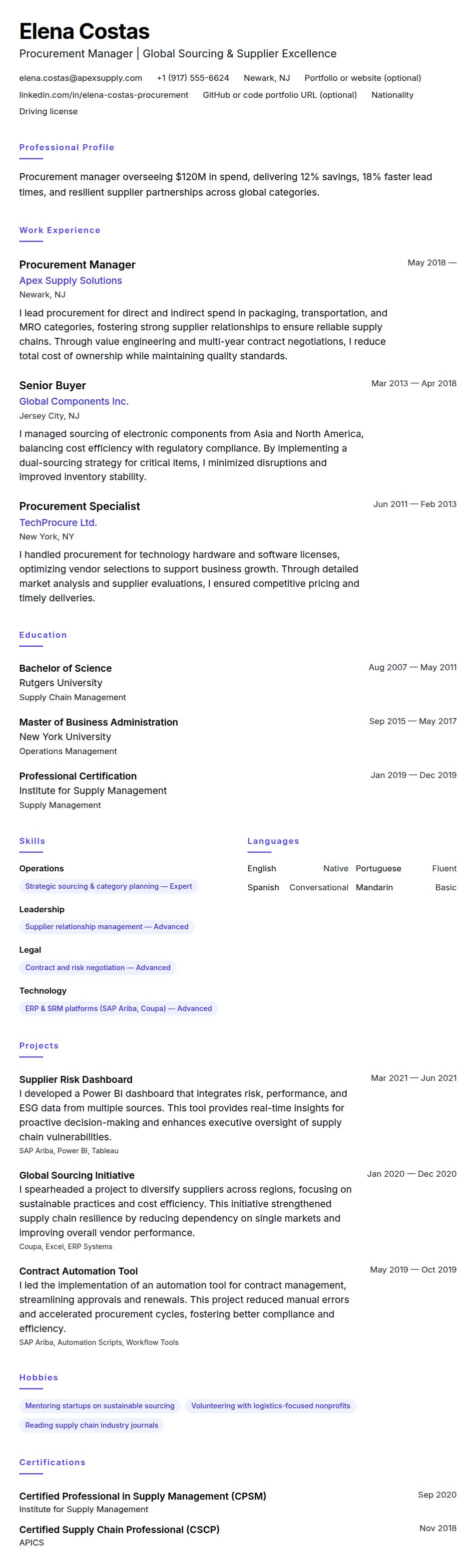 Resume preview for Procurement Manager Resume Example