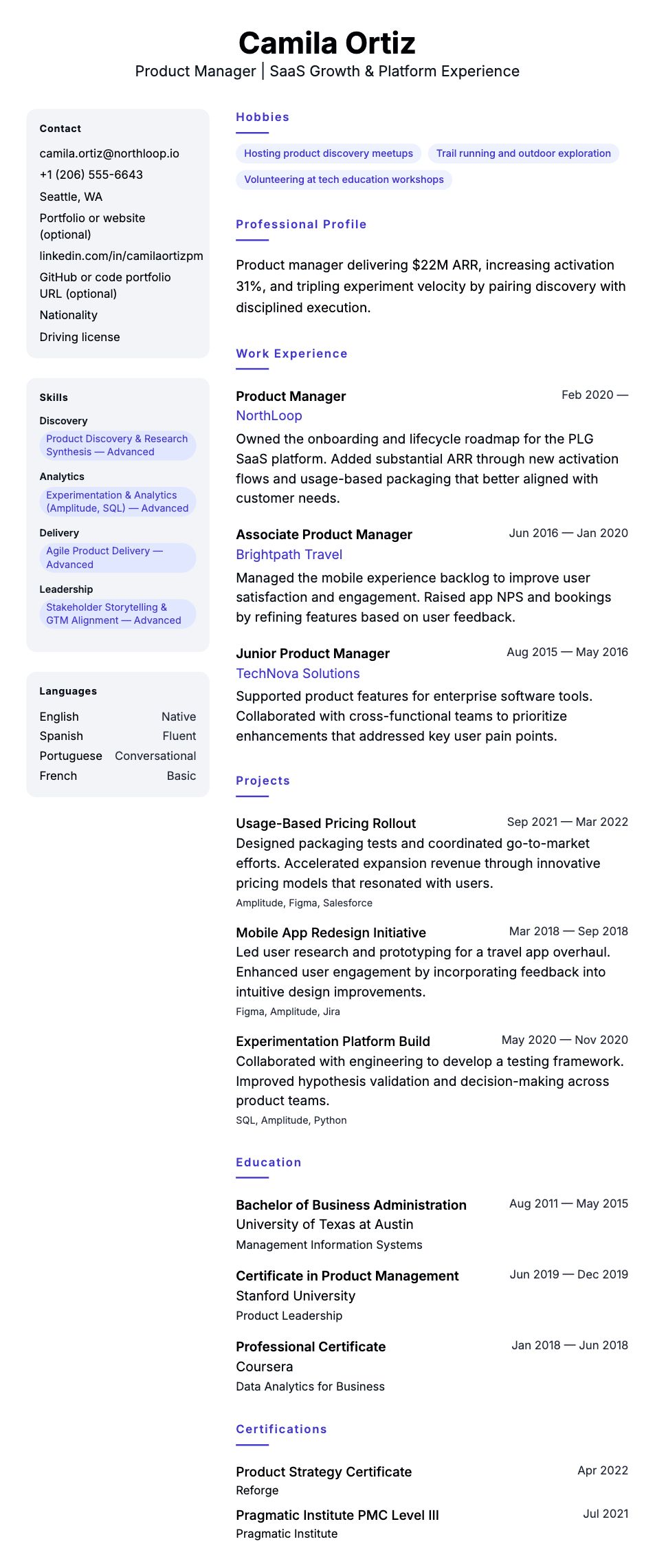 Resume preview for Product Manager Resume Example