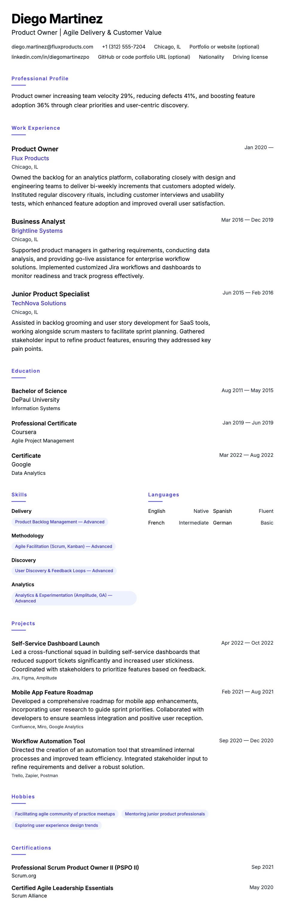 Resume preview for Product Owner Resume Example