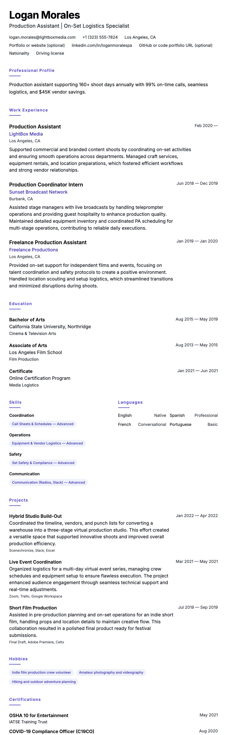 Resume preview for Production Assistant Resume Example