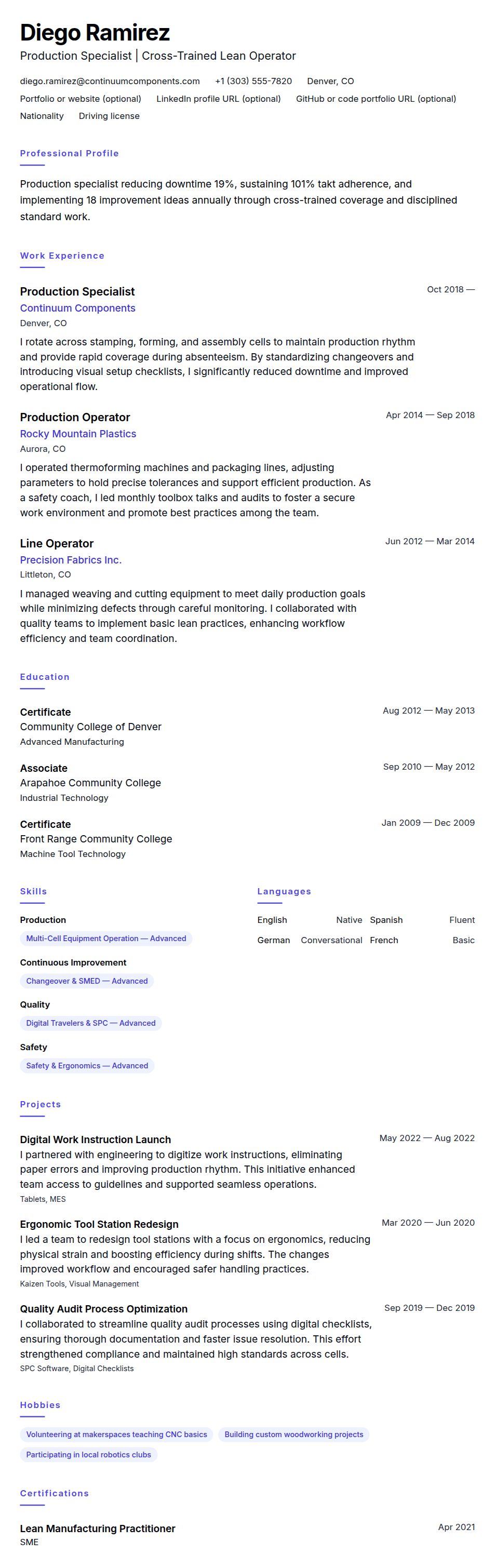 Resume preview for Production Specialist Resume Example
