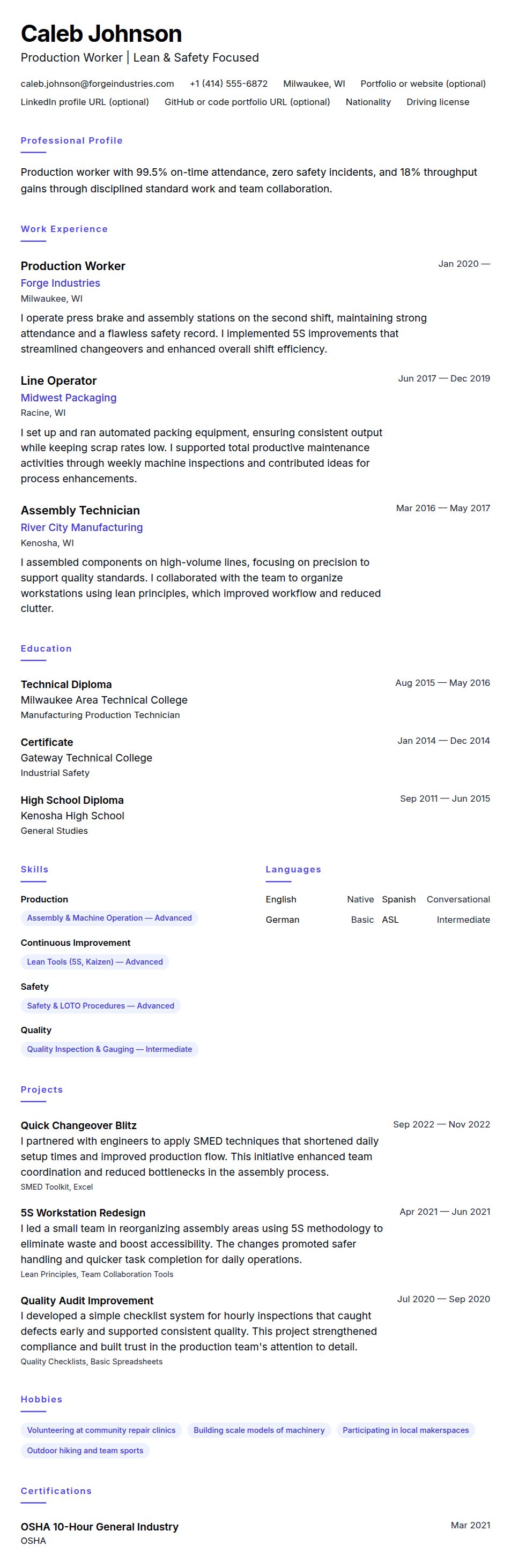Resume preview for Production Worker Resume Example