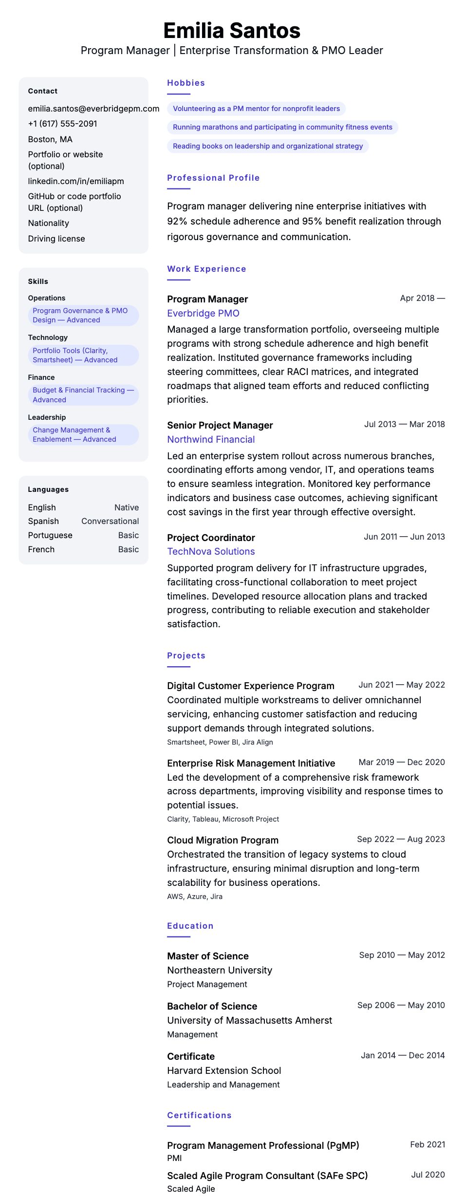 Resume preview for Program Manager Resume Example