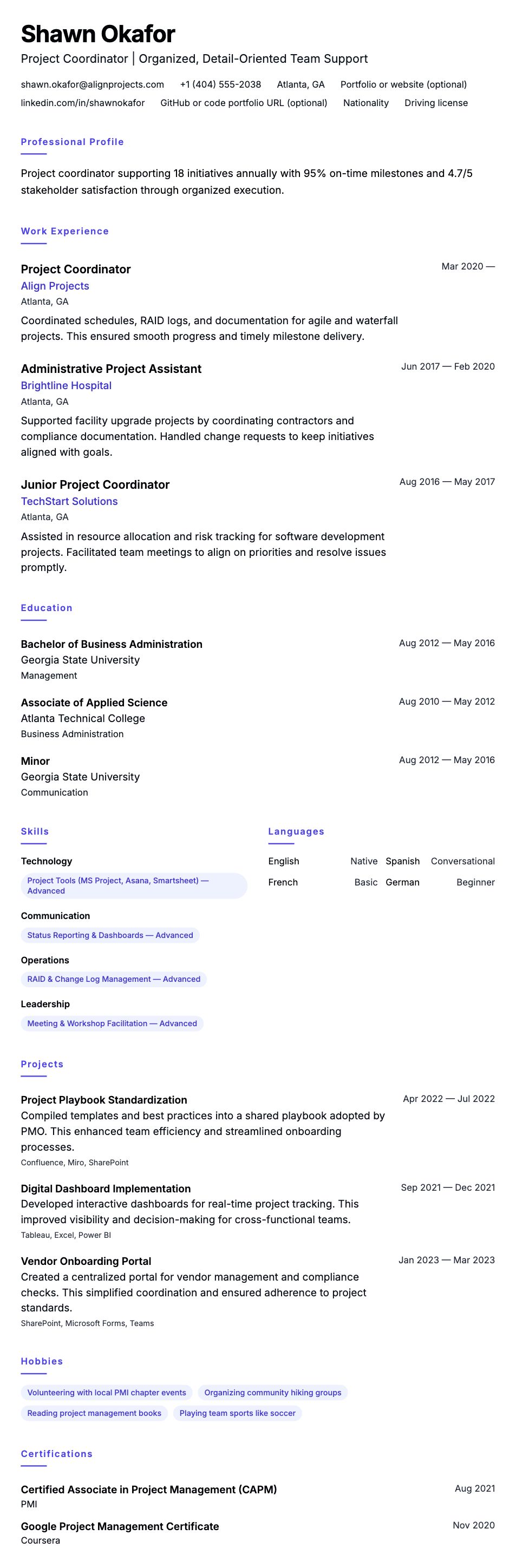 Resume preview for Project Coordinator Resume Example