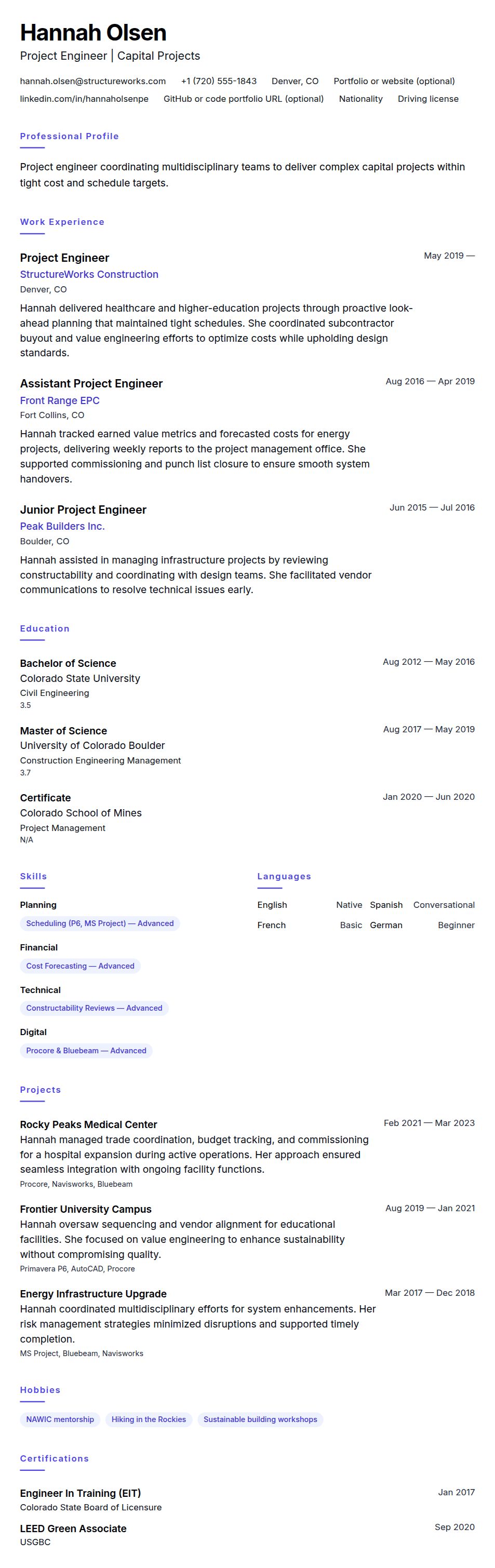 Resume preview for Project Engineer Resume Example