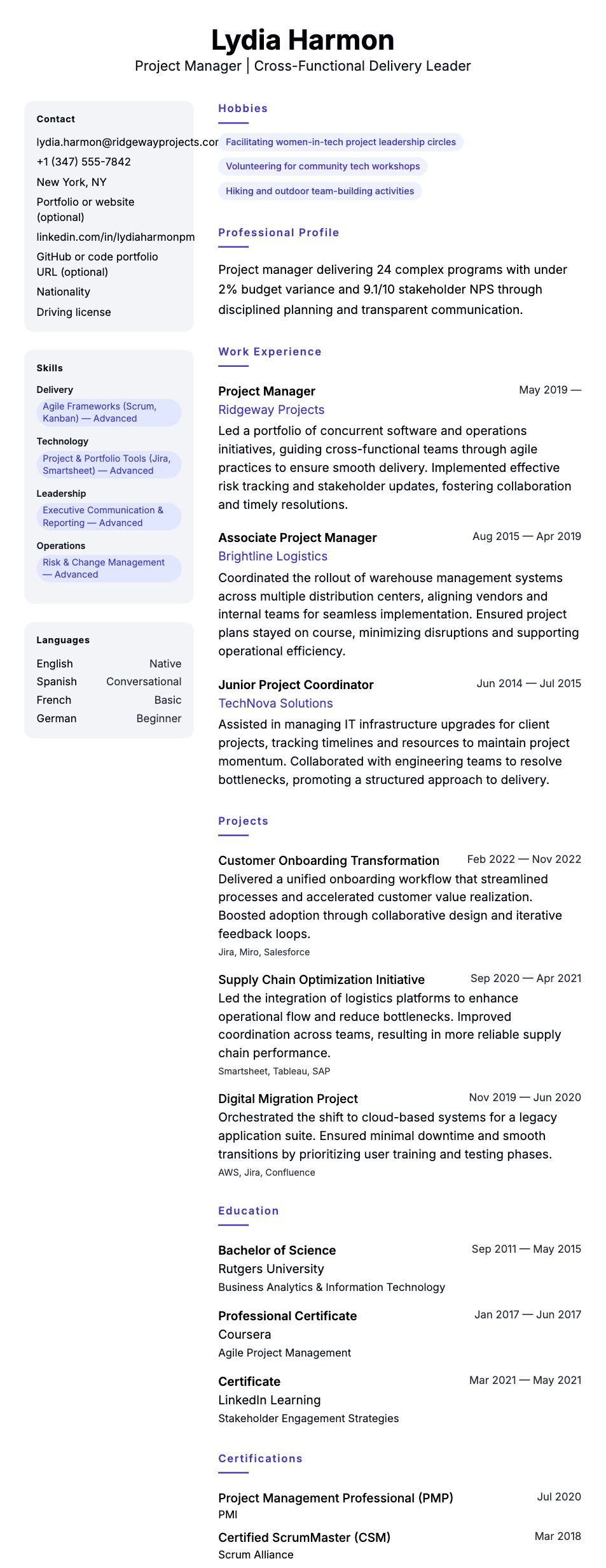 Resume preview for Project Manager Resume Example
