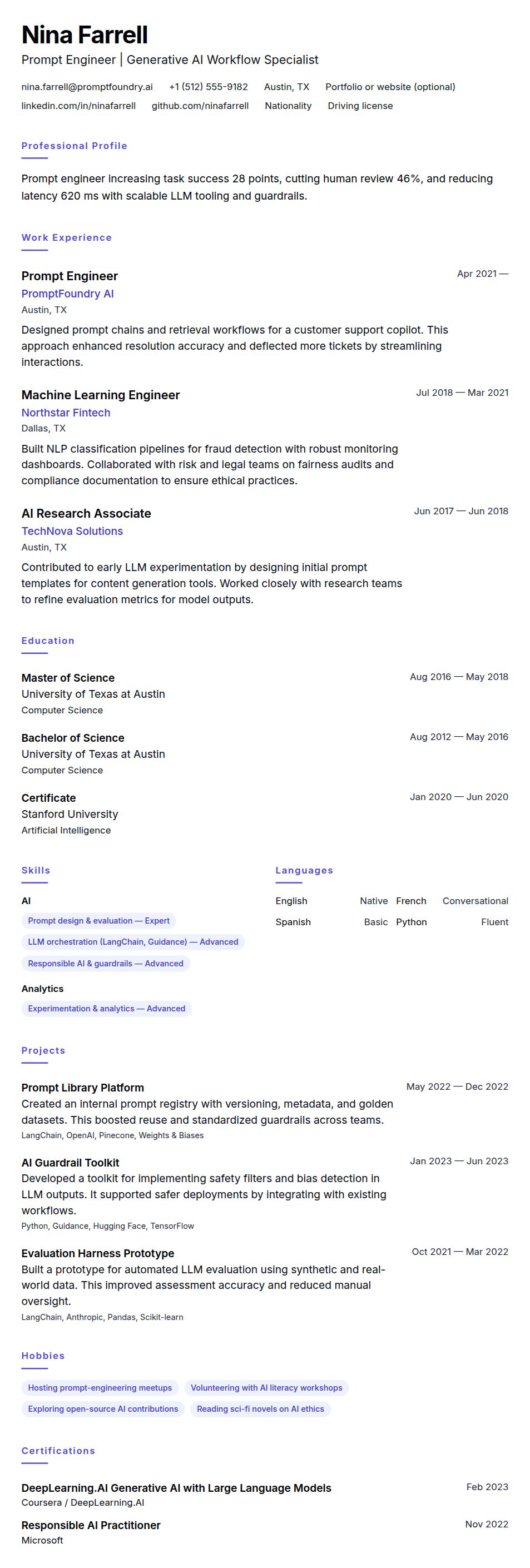 Resume preview for Prompt Engineer Resume Example