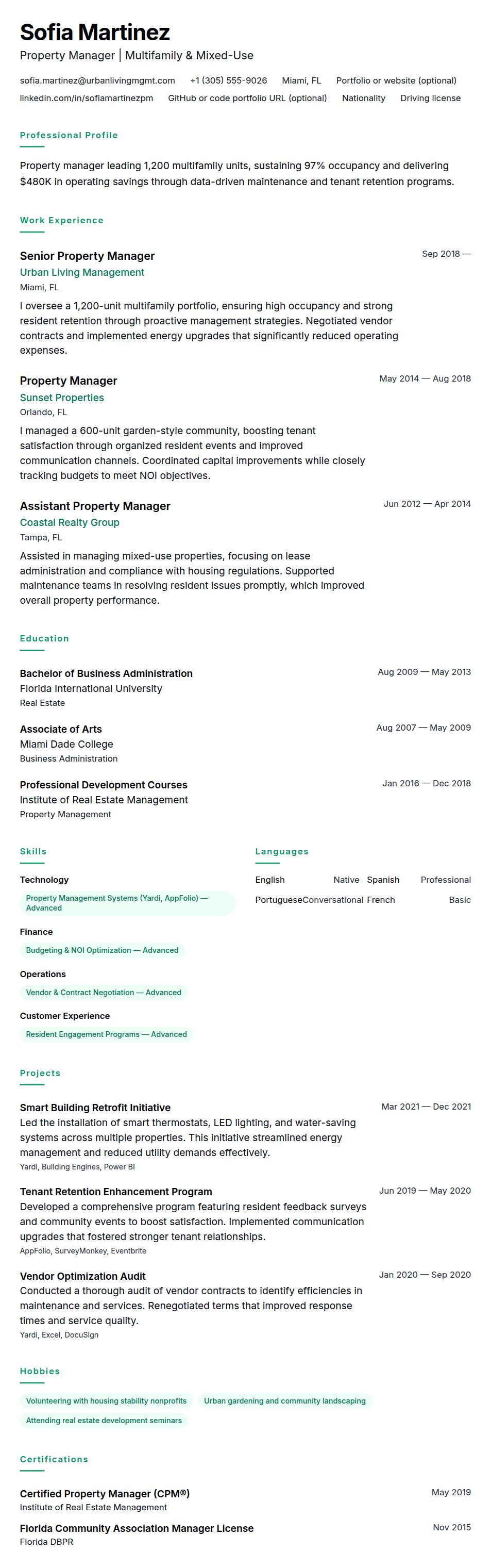Resume preview for Property Manager Resume Example