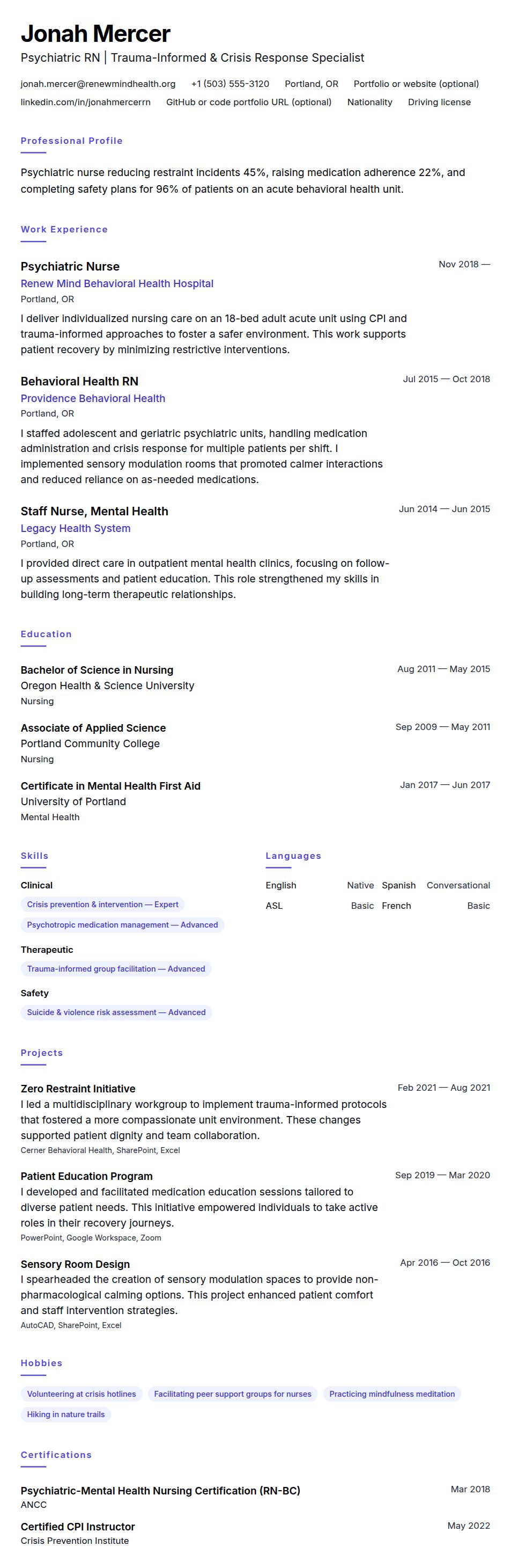 Resume preview for Psychiatric Nurse Resume Example