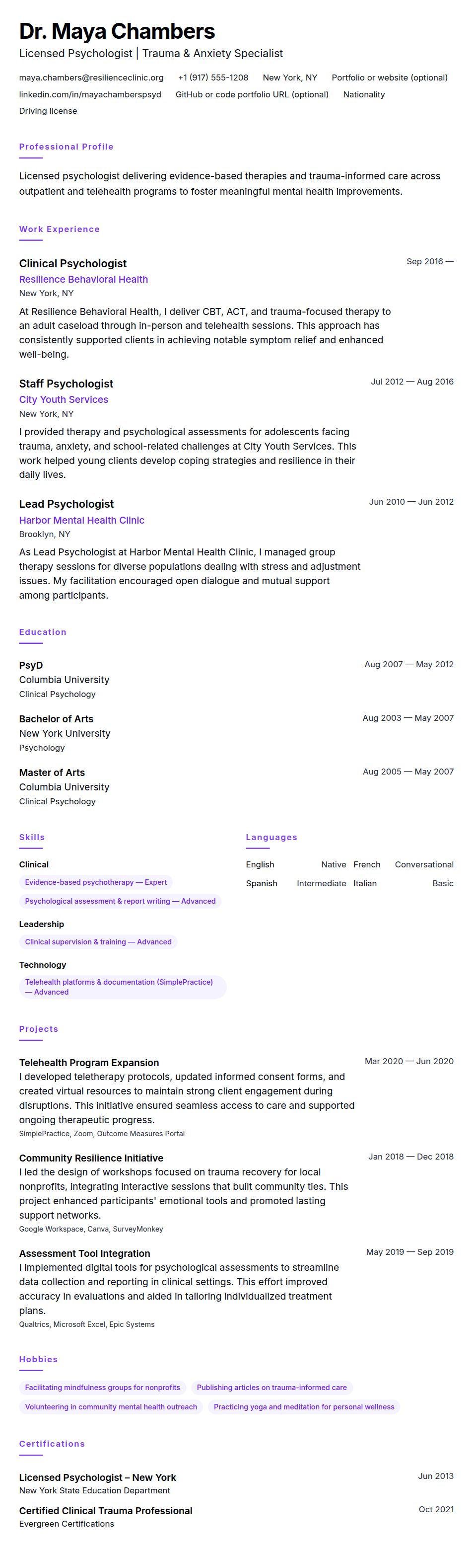 Resume preview for Psychologist Resume Example