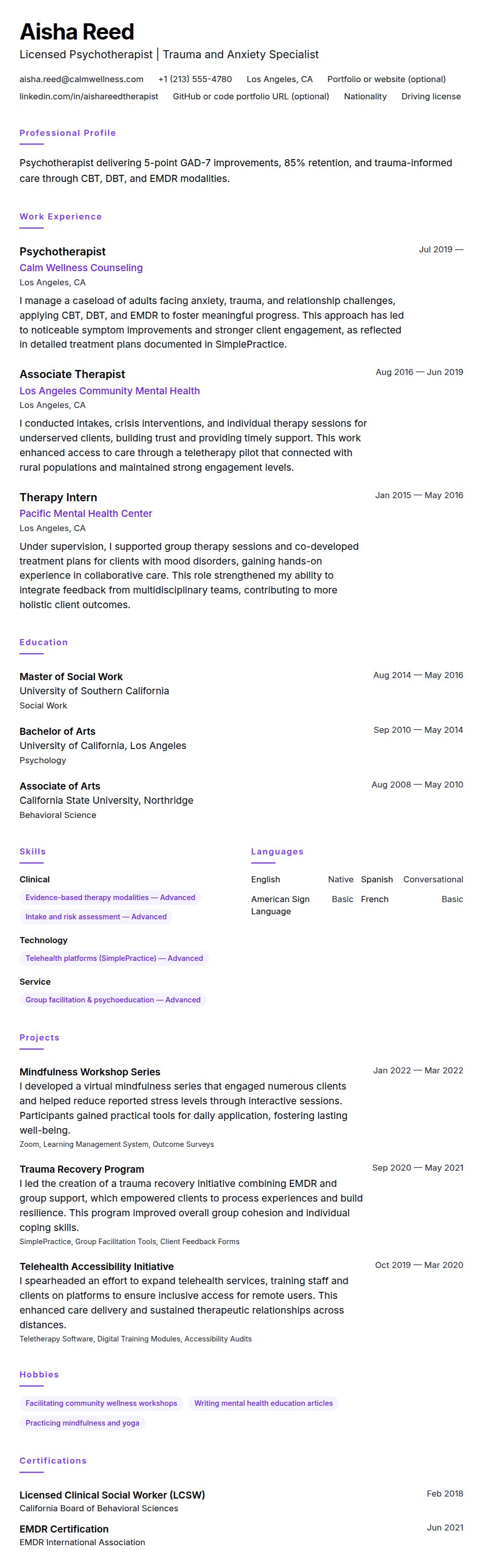 Resume preview for Psychotherapist Resume Example