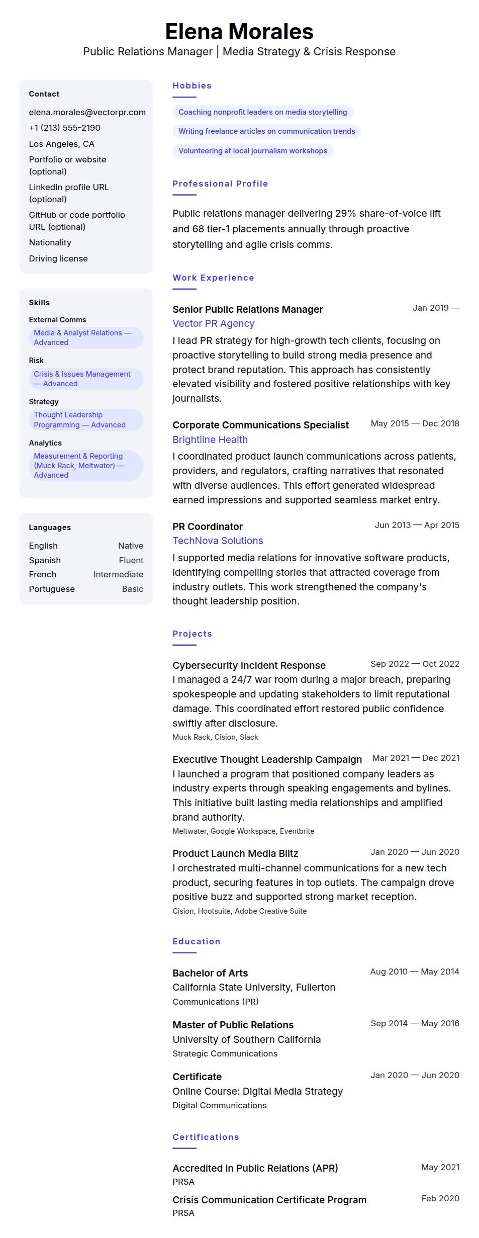 Resume preview for Public Relations Manager Resume Example