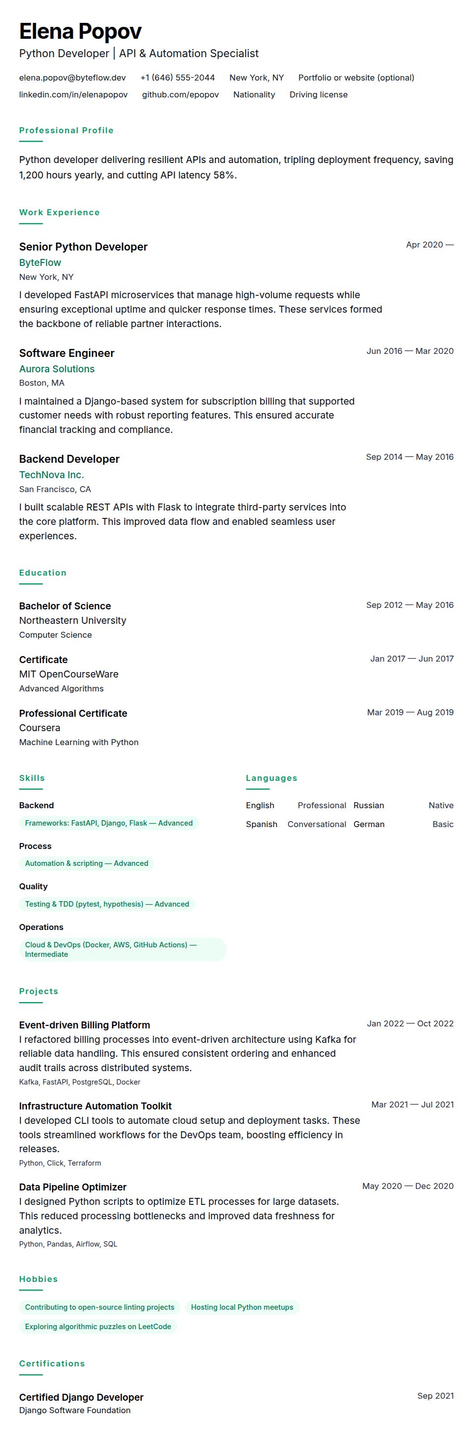 Resume preview for Python Developer Resume Example