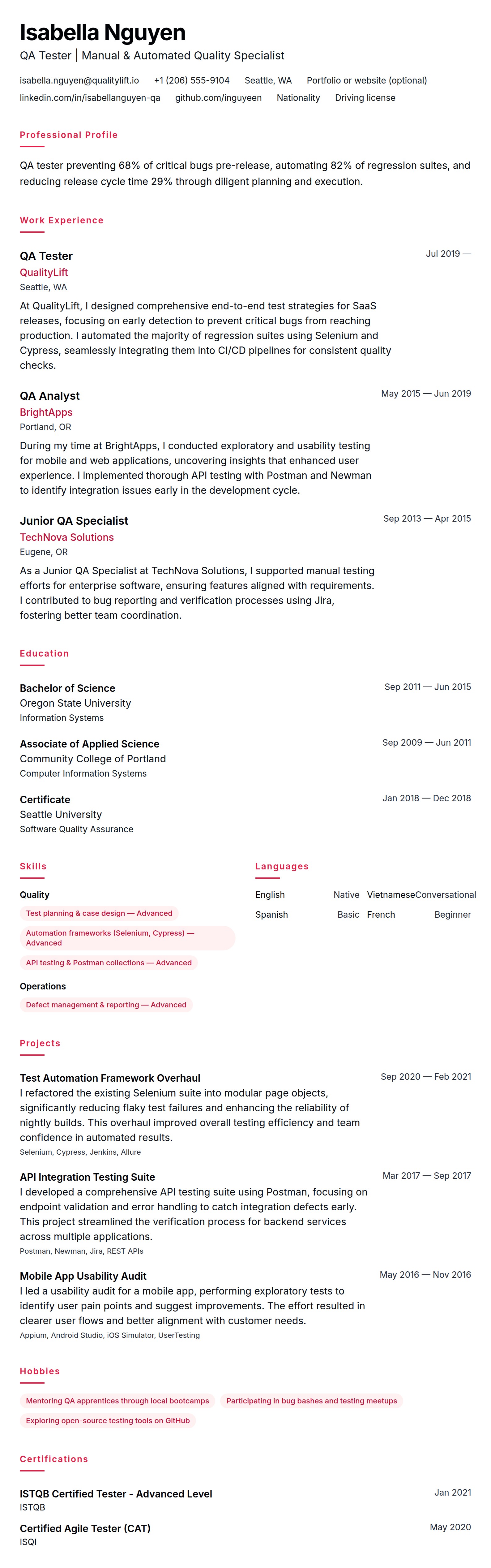 Resume preview for QA Tester Resume Example