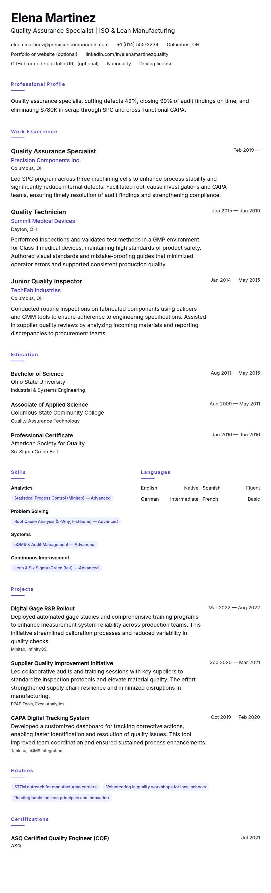 Resume preview for Quality Assurance Specialist Resume Example
