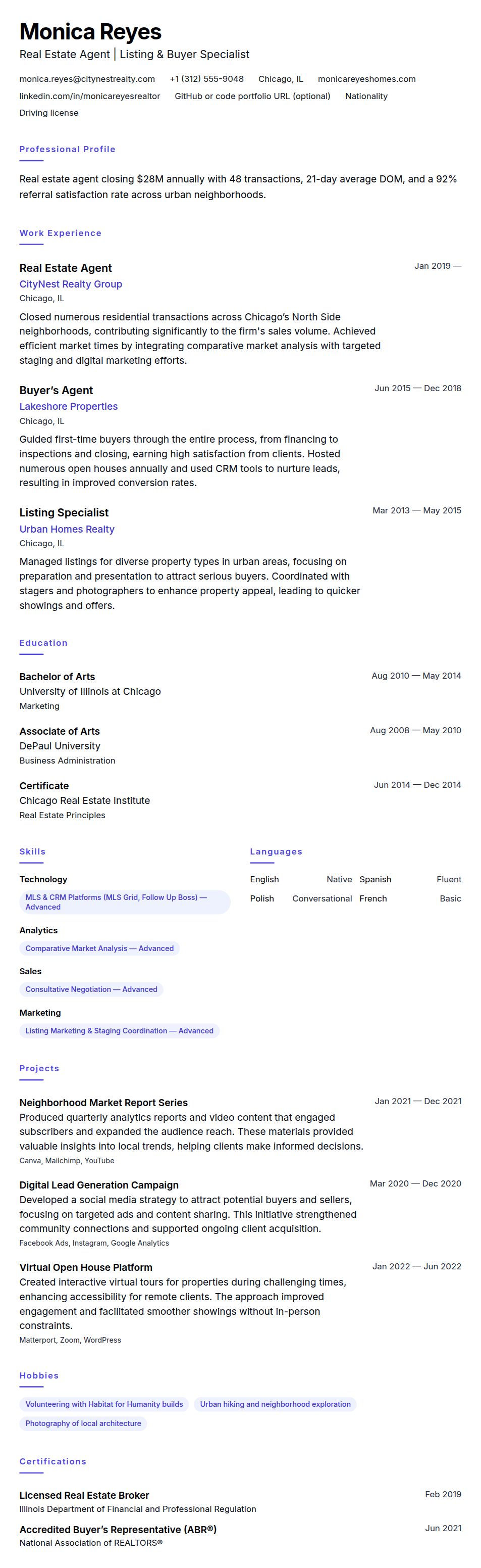Resume preview for Real Estate Agent Resume Example