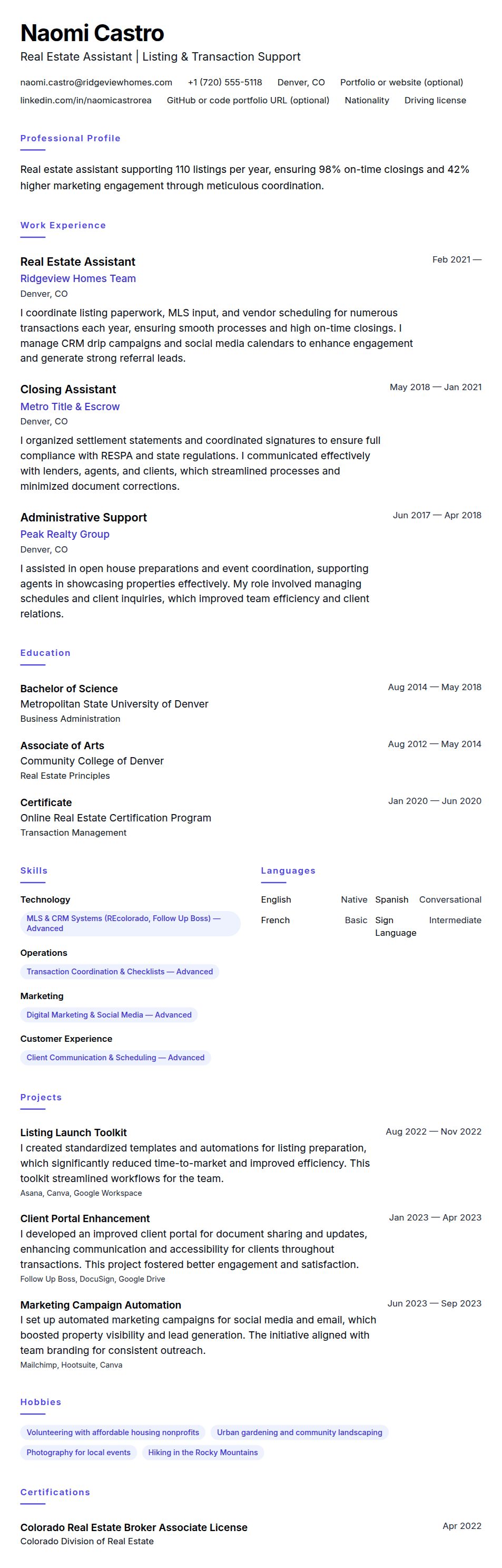 Resume preview for Real Estate Assistant Resume Example