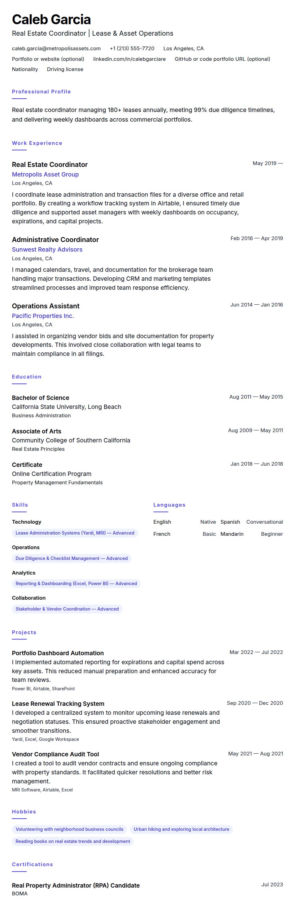 Resume preview for Real Estate Coordinator Resume Example
