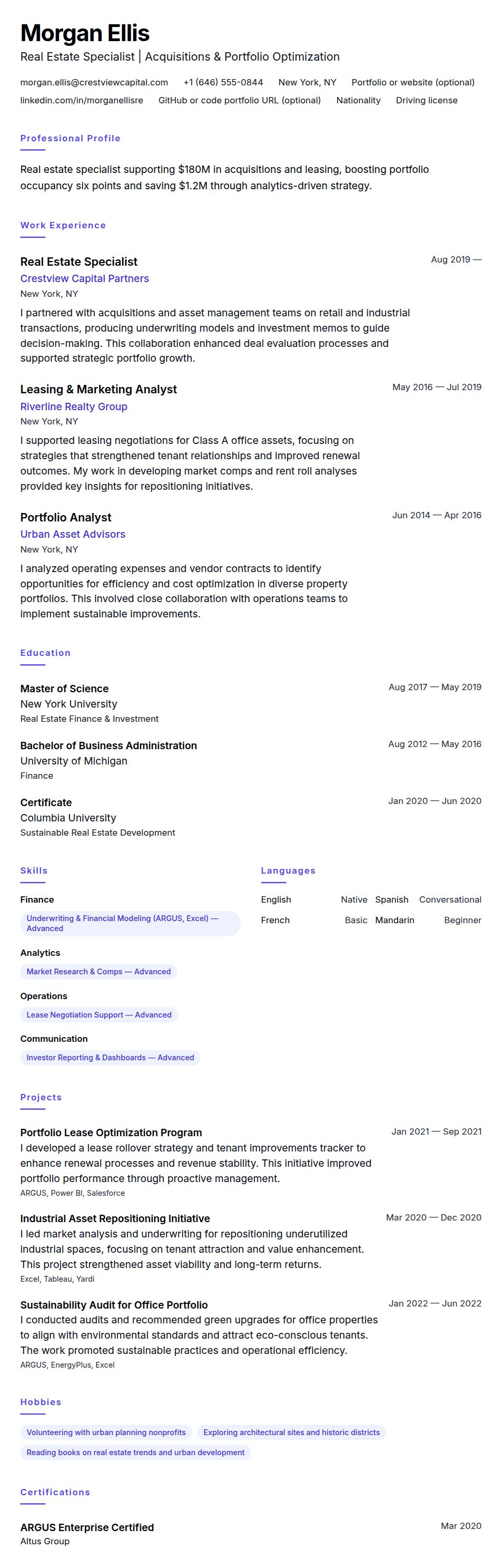Resume preview for Real Estate Specialist Resume Example