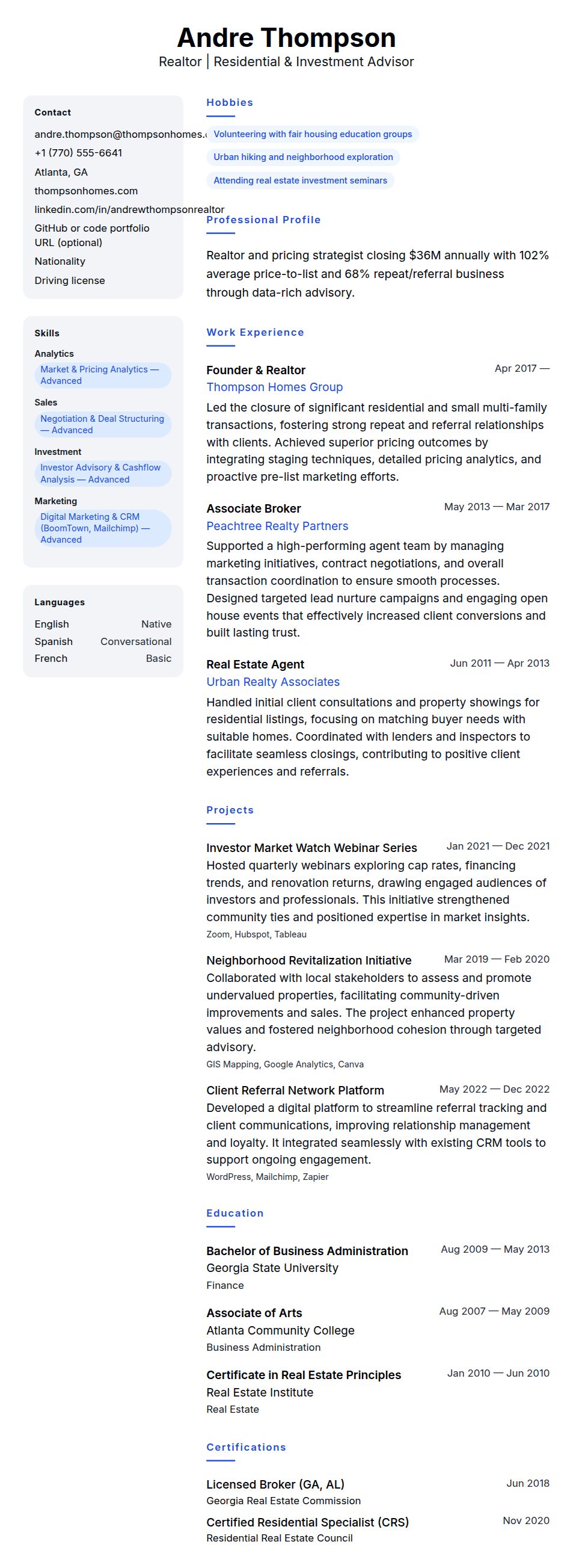 Resume preview for Realtor Resume Example