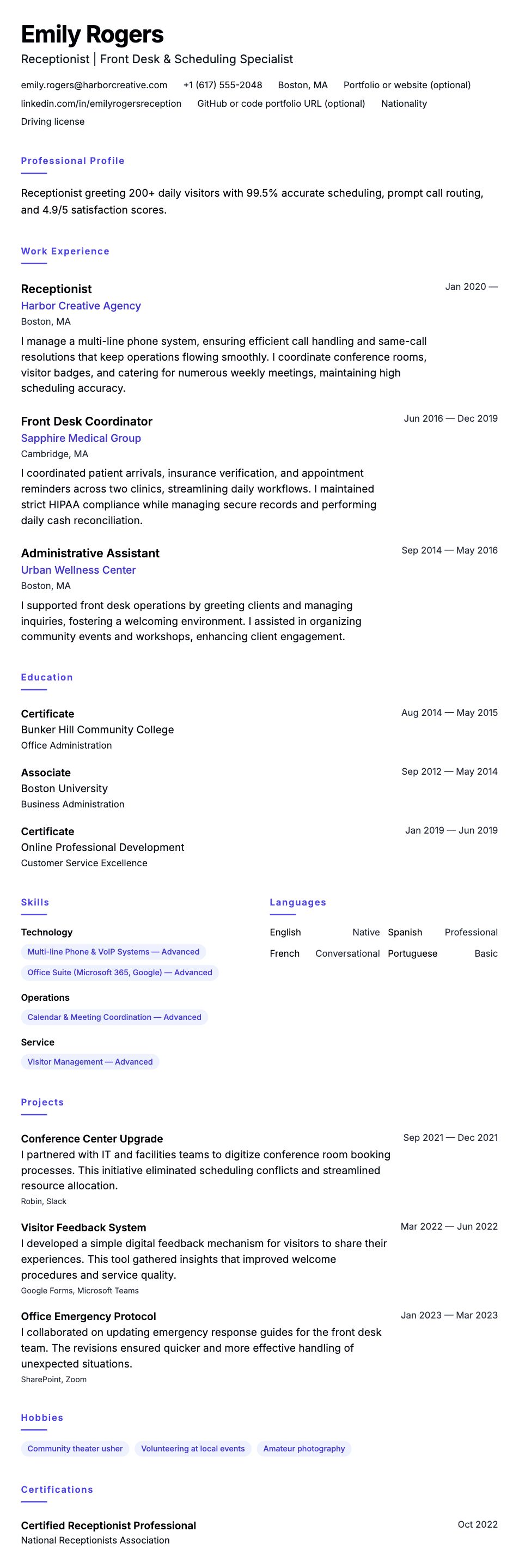 Resume preview for Receptionist Resume Example