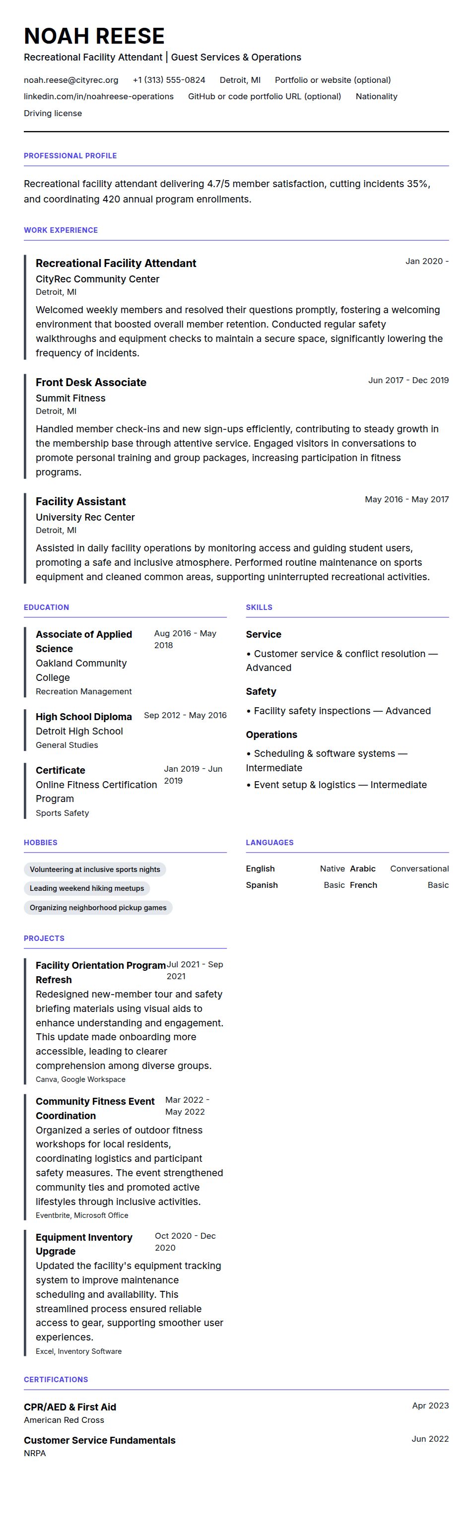 Resume preview for Recreational Facility Attendant Resume Example