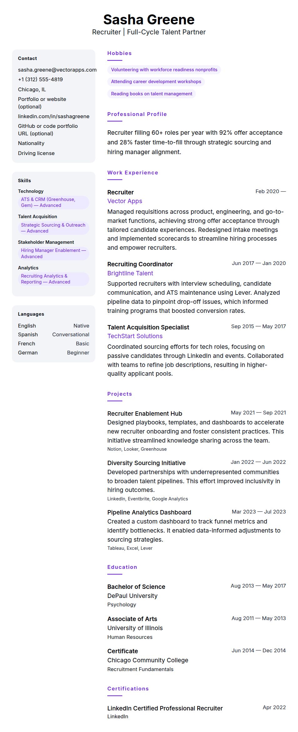 Resume preview for Recruiter Resume Example