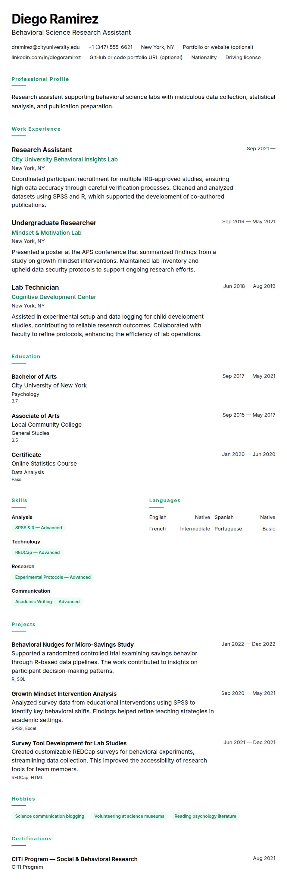 Resume preview for Research Assistant Resume Example