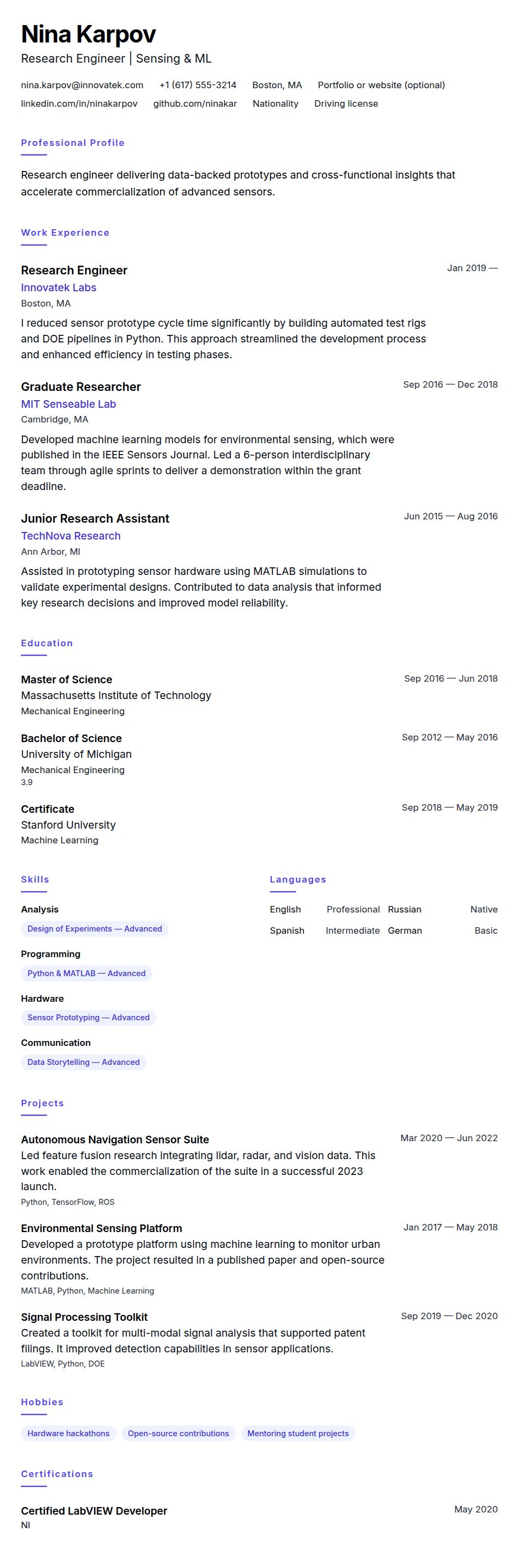 Resume preview for Research Engineer Resume Example