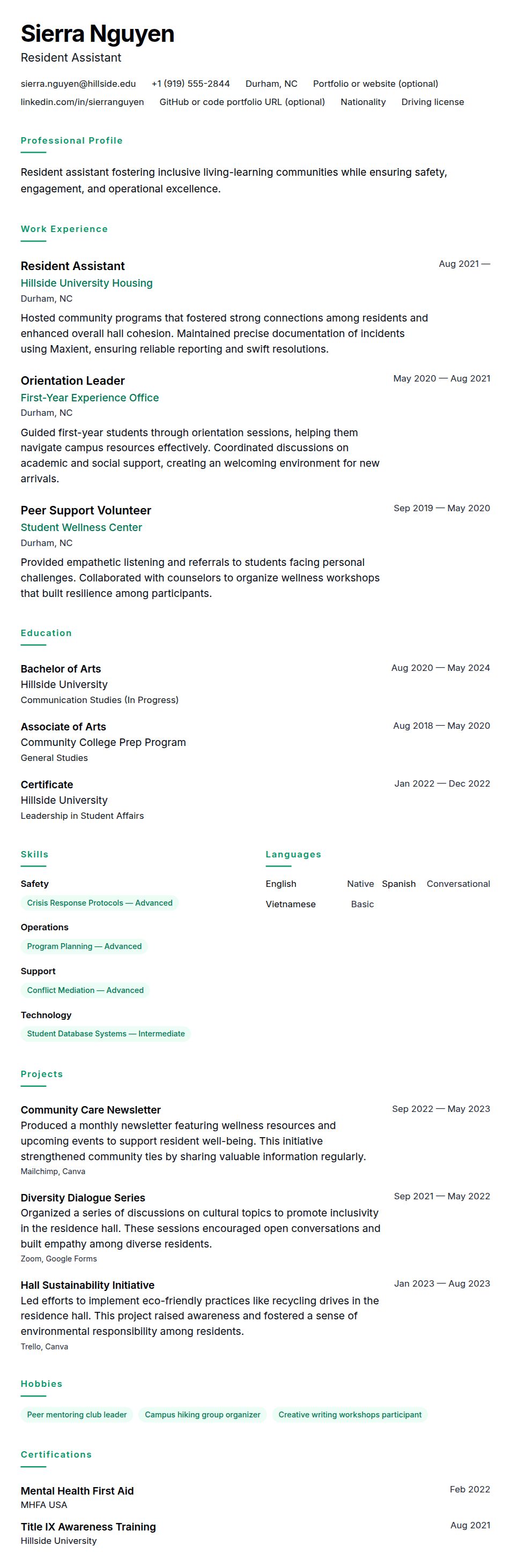 Resume preview for Resident Assistant Resume Example