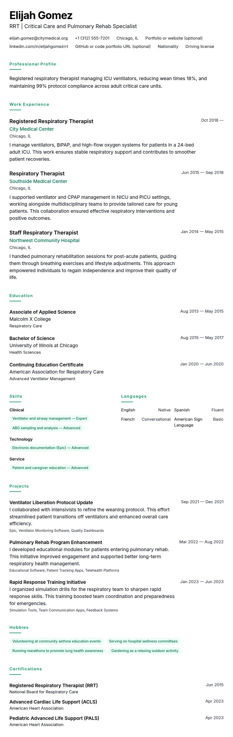 Resume preview for Respiratory Therapist Resume Example