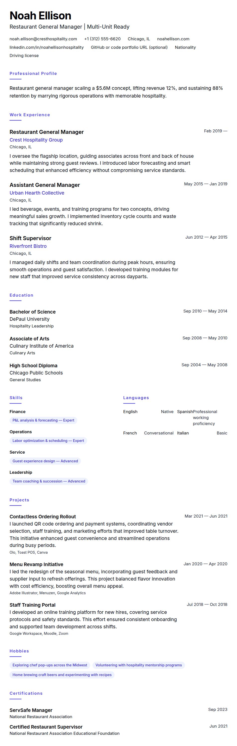 Resume preview for Restaurant Manager Resume Example