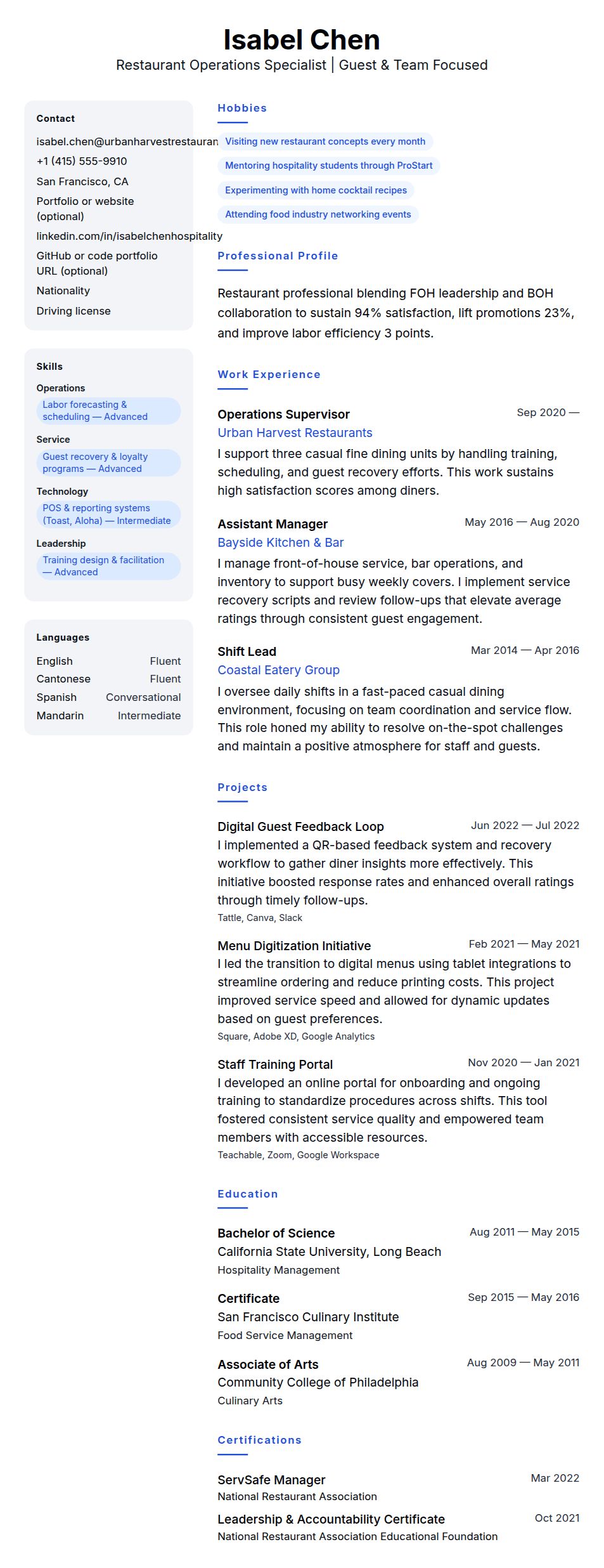 Resume preview for Restaurant Professional Resume Example