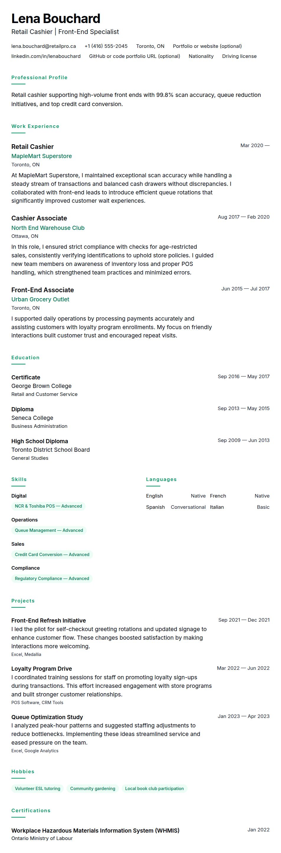 Resume preview for Retail Cashier Resume Example