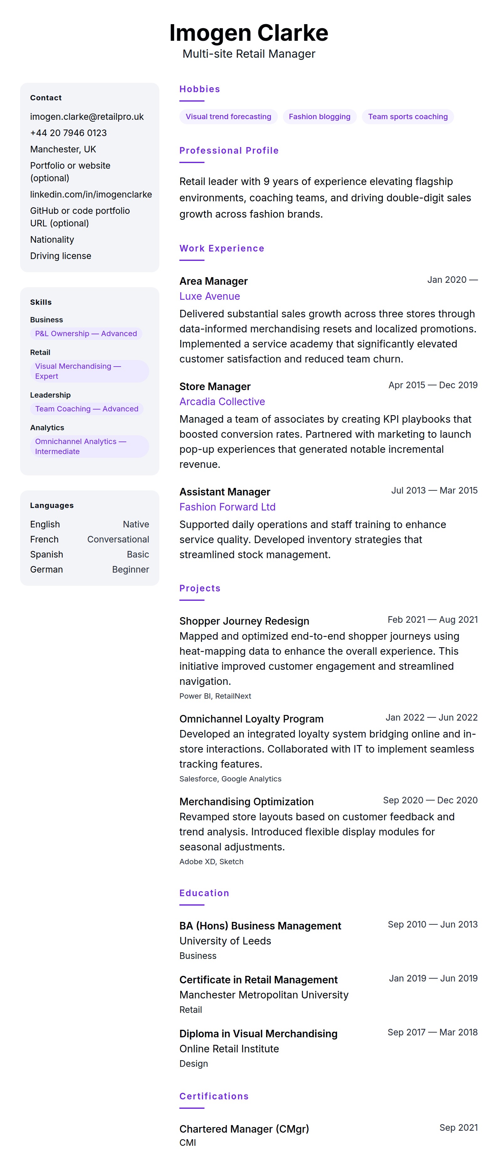 Resume preview for Retail Manager Resume Example
