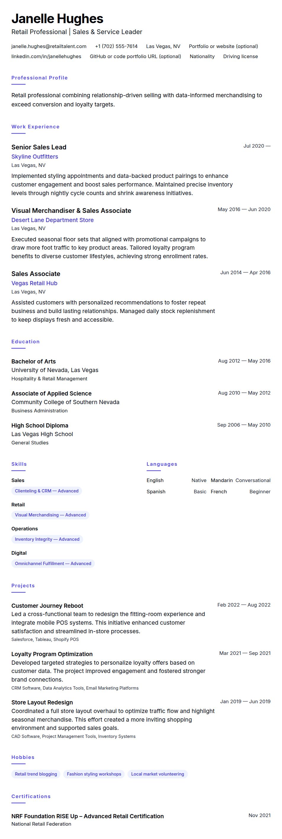 Resume preview for Retail Professional Resume Example