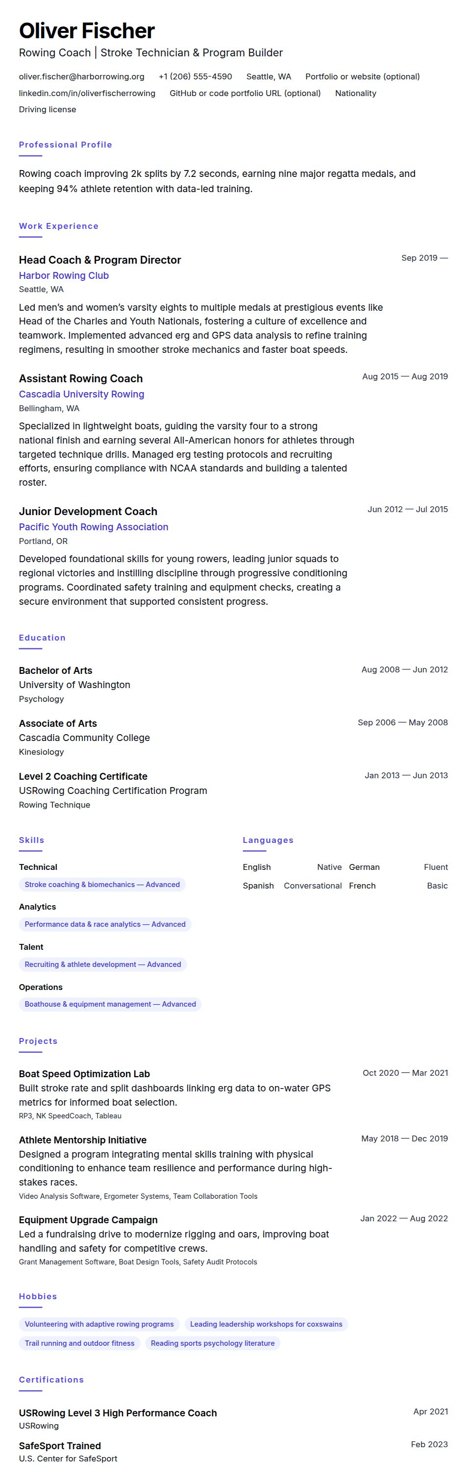 Resume preview for Rowing Coach Resume Example