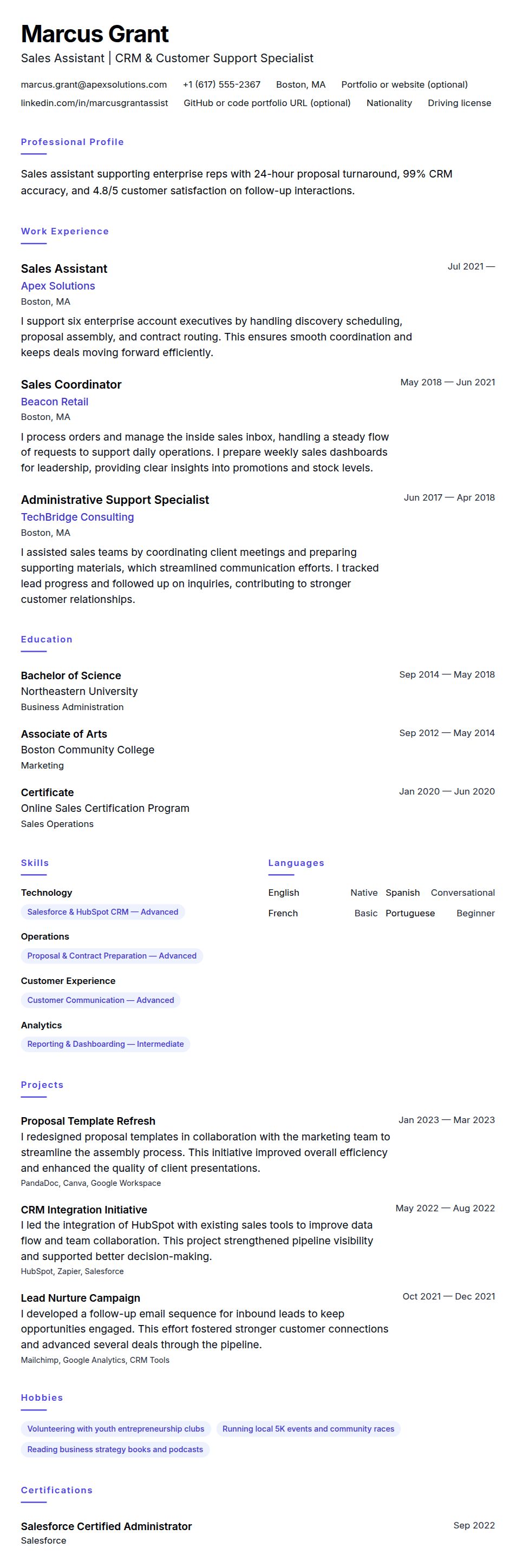 Resume preview for Sales Assistant Resume Example