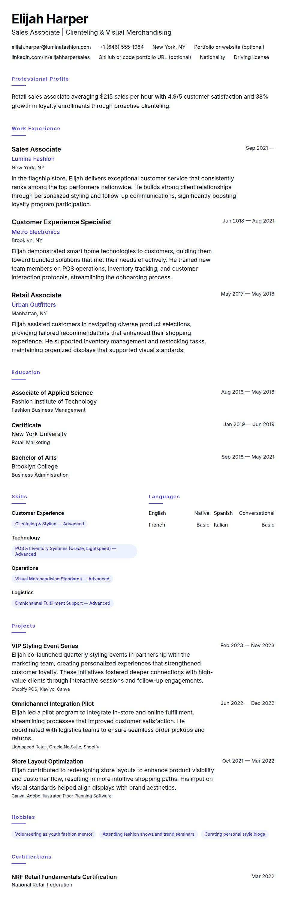 Resume preview for Sales Associate Resume Example