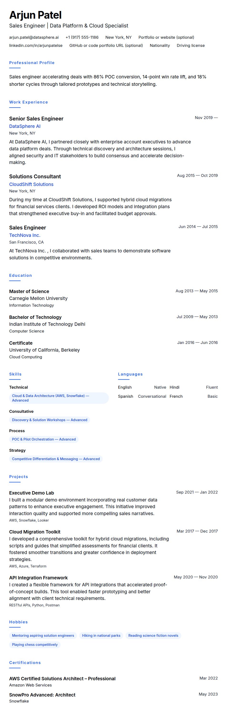 Resume preview for Sales Engineer Resume Example