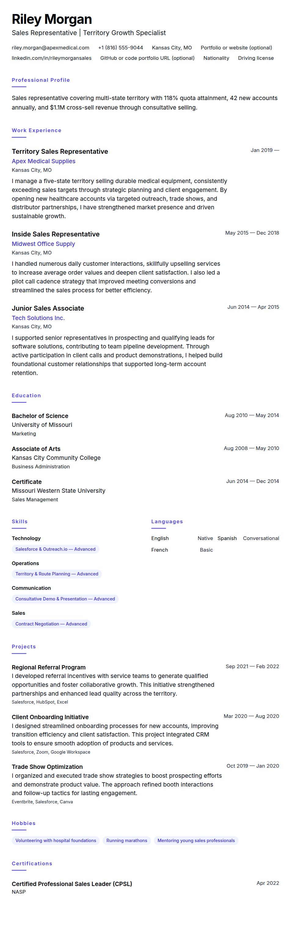 Resume preview for Sales Representative Resume Example