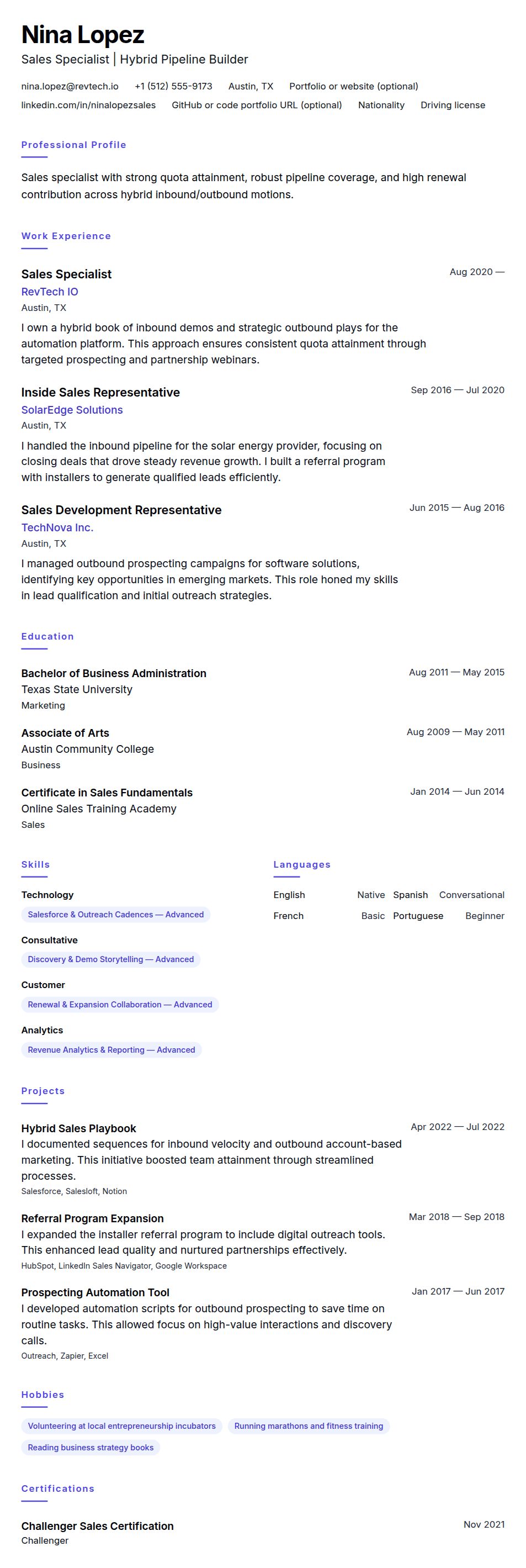Resume preview for Sales Specialist Resume Example