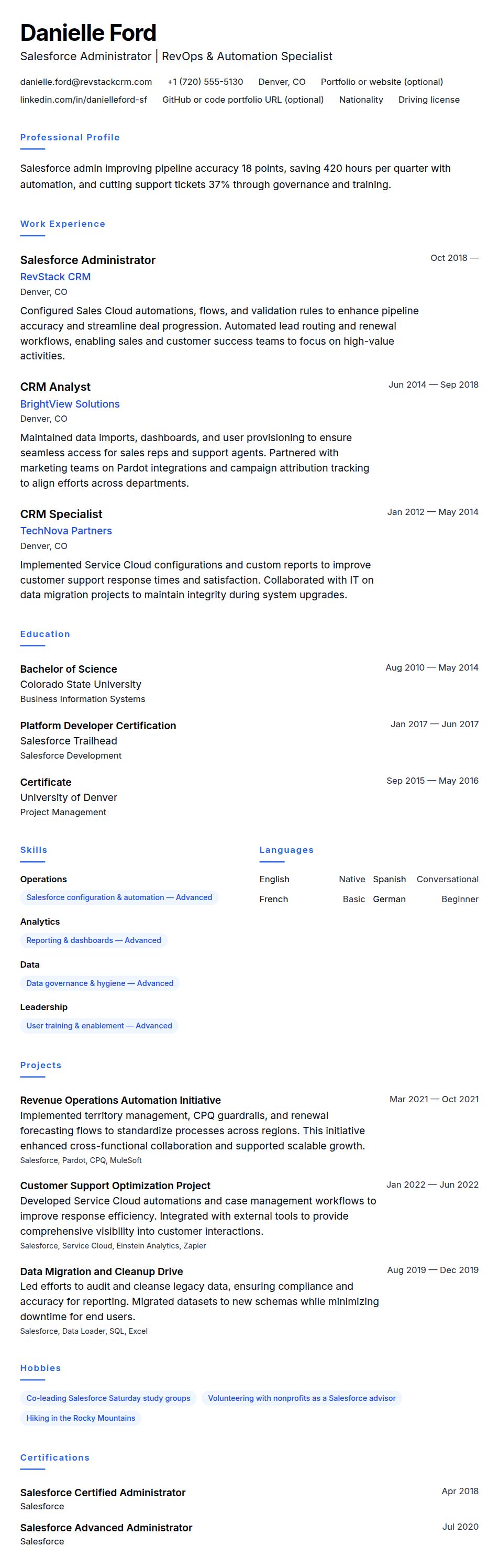Resume preview for Salesforce Admin Resume Example