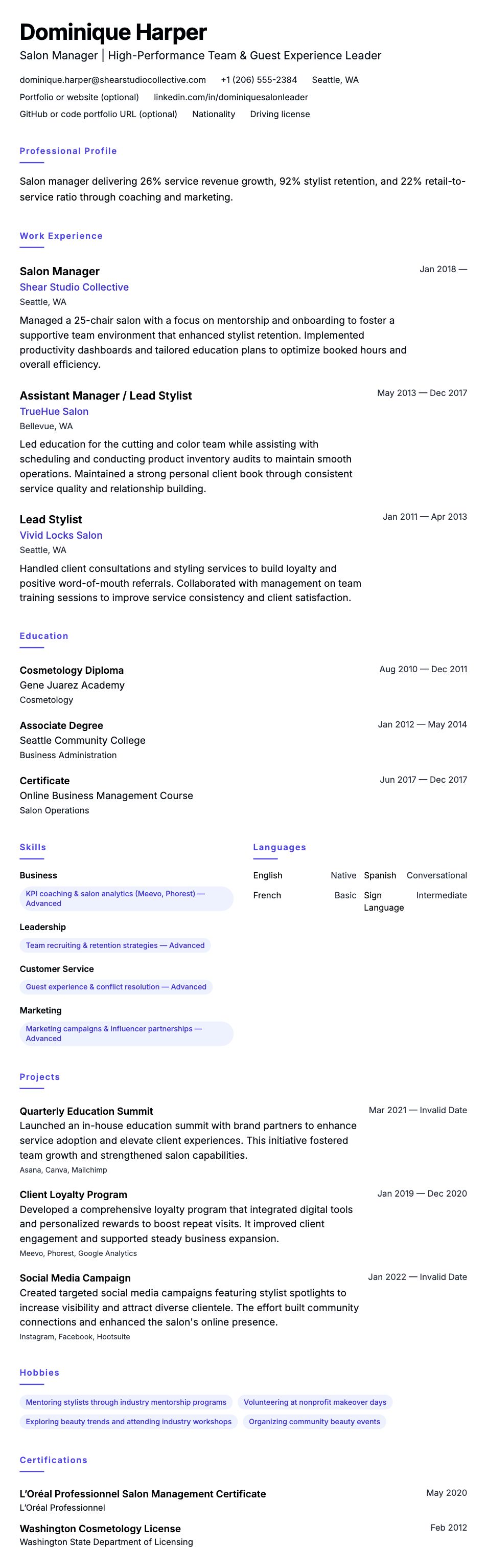 Resume preview for Salon Manager Resume Example