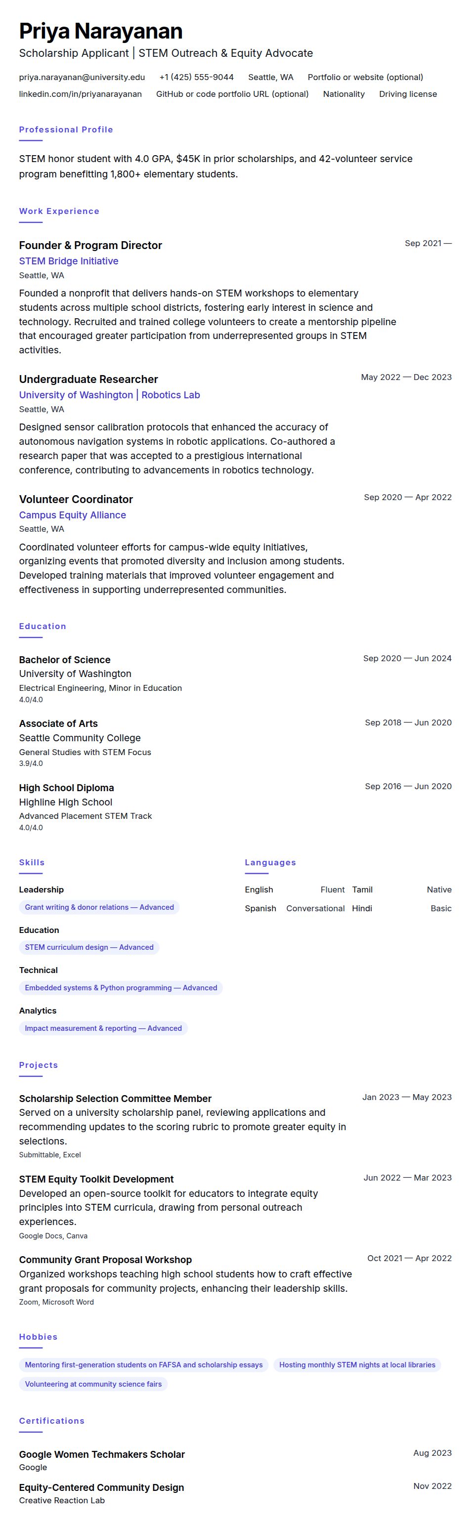 Resume preview for Scholarship Resume Resume Example
