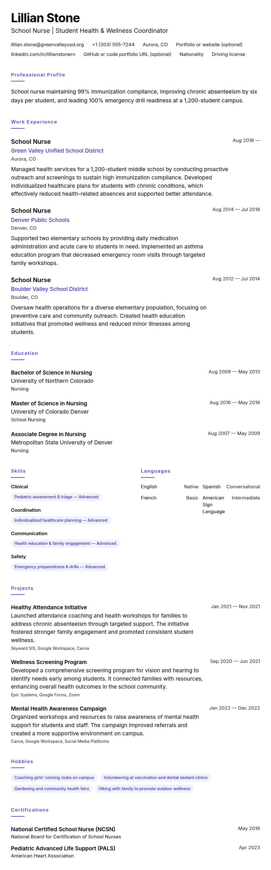 Resume preview for School Nurse Resume Example