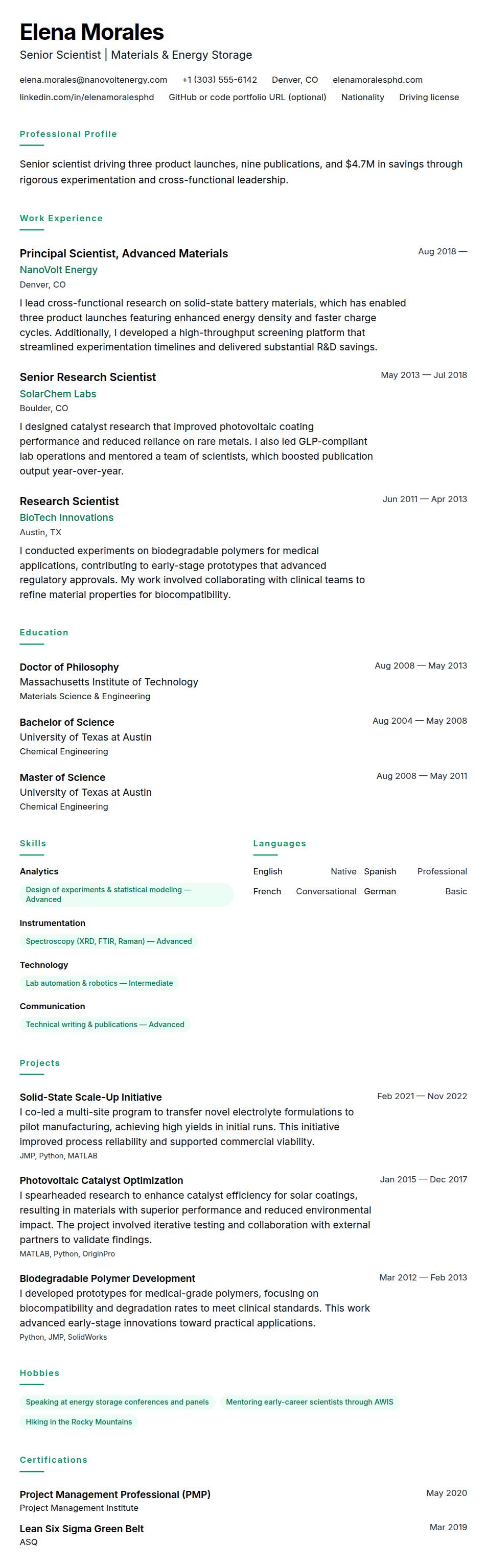Resume preview for Scientist Resume Example