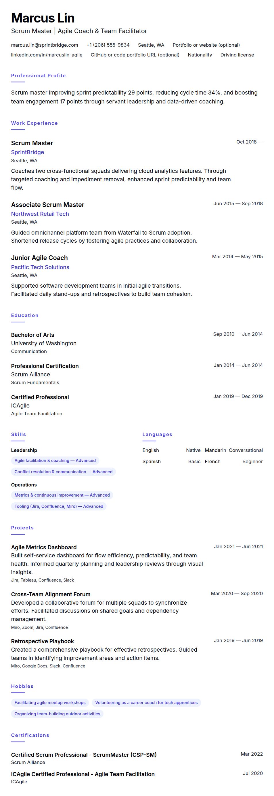 Resume preview for Scrum Master Resume Example
