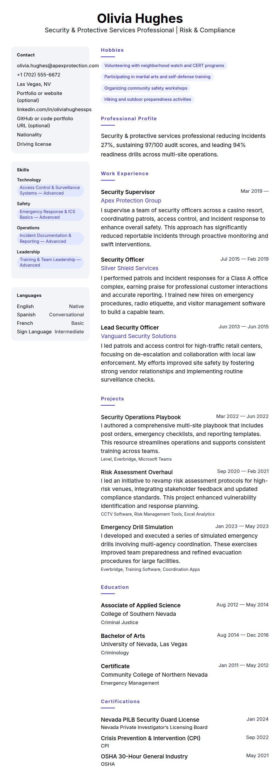 Resume preview for Security & Protective Services Professional Resume Example